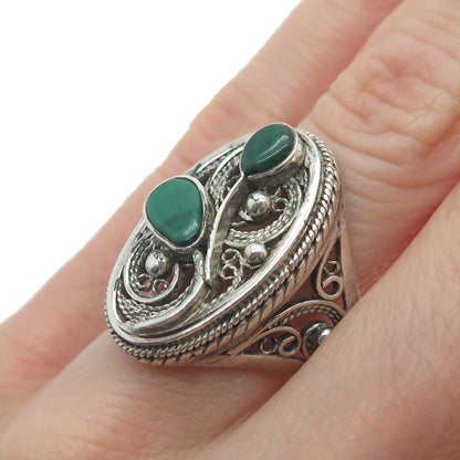 925 Sterling Silver Vintage Real Malachite Gem Filigree Oxidized Ring Size 9.25