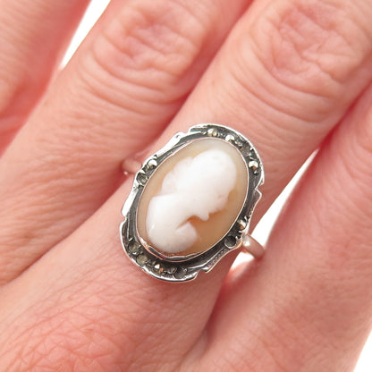 925 Sterling Antique MOP Marcasite Lady Cameo Ring Size 7.25 (missing 6 stones)