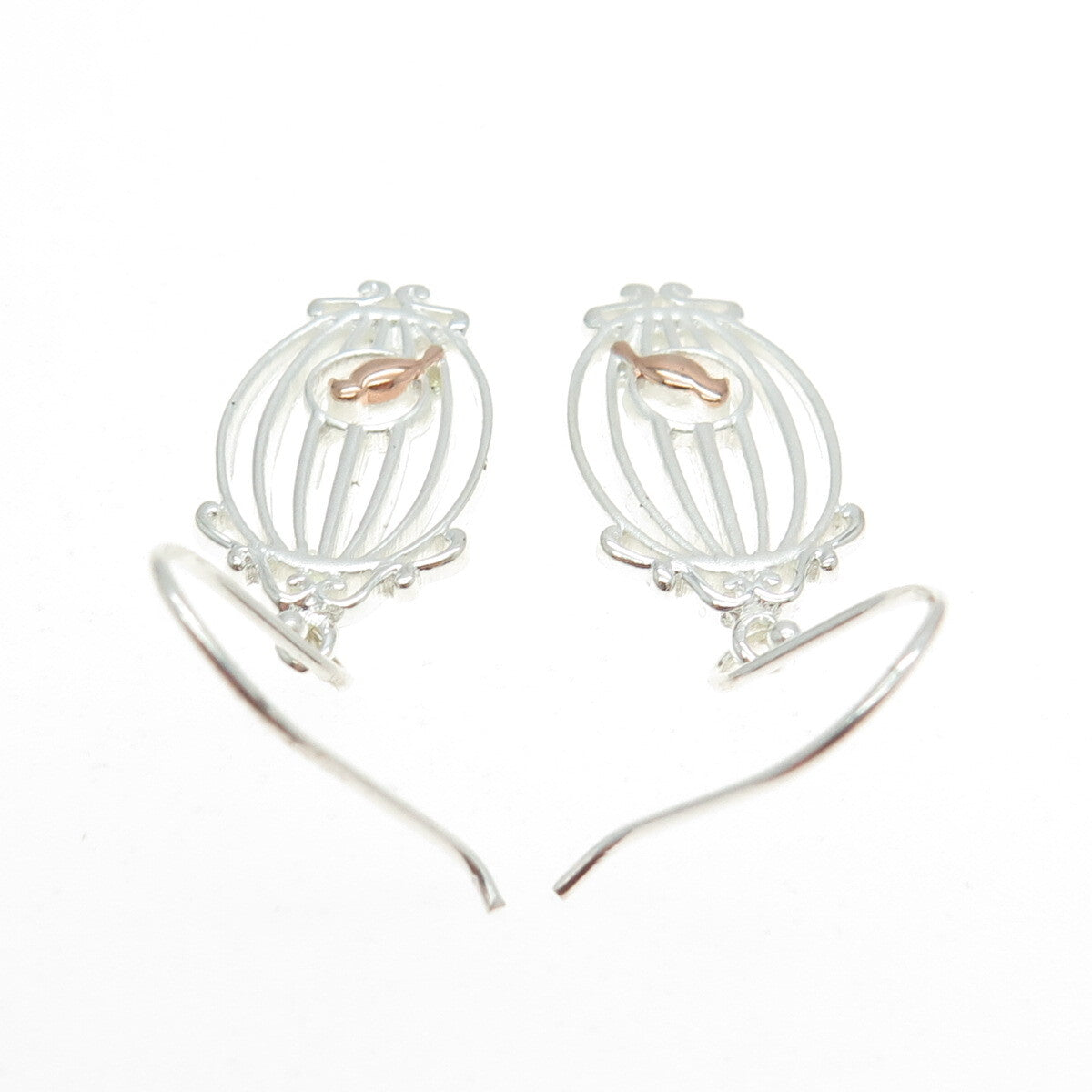 925 Sterling Silver 2-Tone Bird in Cage Dangling Earrings