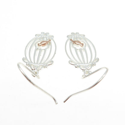 925 Sterling Silver 2-Tone Bird in Cage Dangling Earrings
