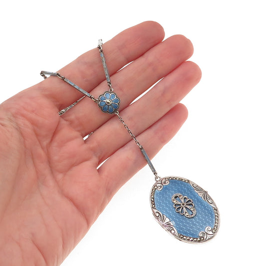 925 Sterling Silver Antique Enamel Marcasite Locket Necklace 30" (missing stone)