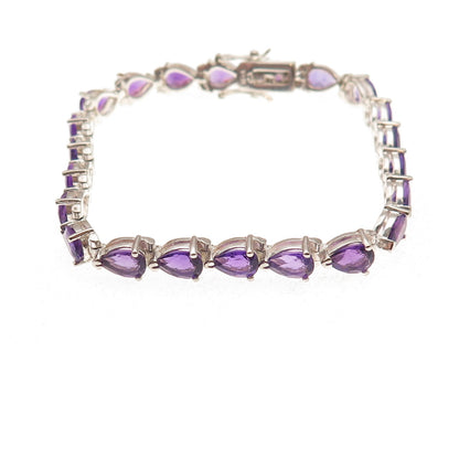 925 Sterling Silver Real Pear-Cut Amethyst Bracelet 7"