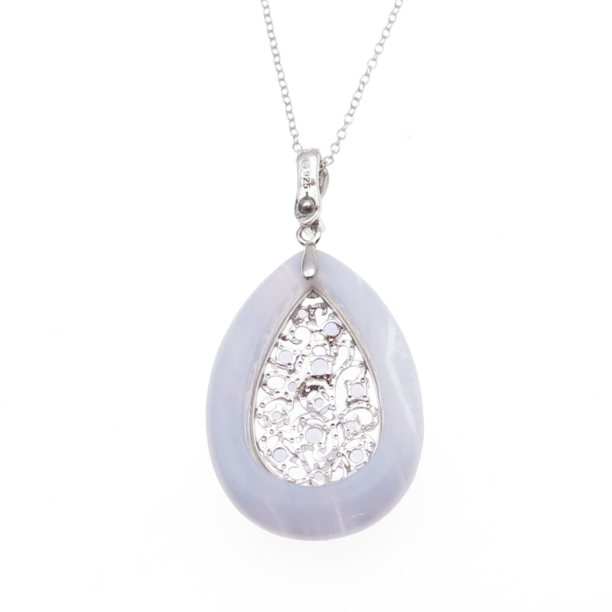 925 Sterling Silver Real Lace Agate Tanzanite Teardrop Cable Chain Necklace 18"