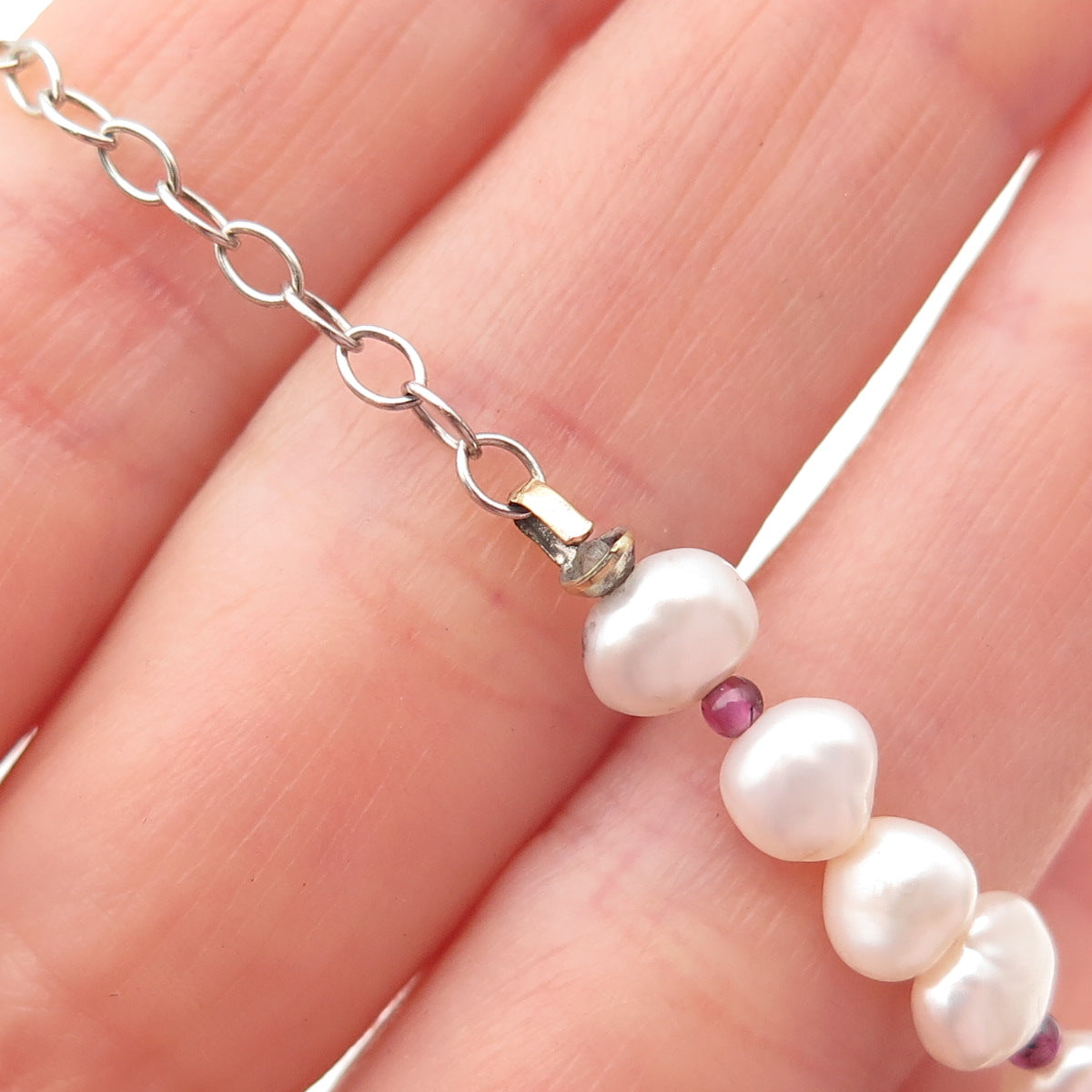 925 Sterling Silver Vintage Real Baroque Pearl Red Garnet Beaded Necklace 16-18"