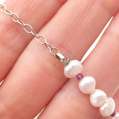 925 Sterling Silver Vintage Real Baroque Pearl Red Garnet Beaded Necklace 16-18"