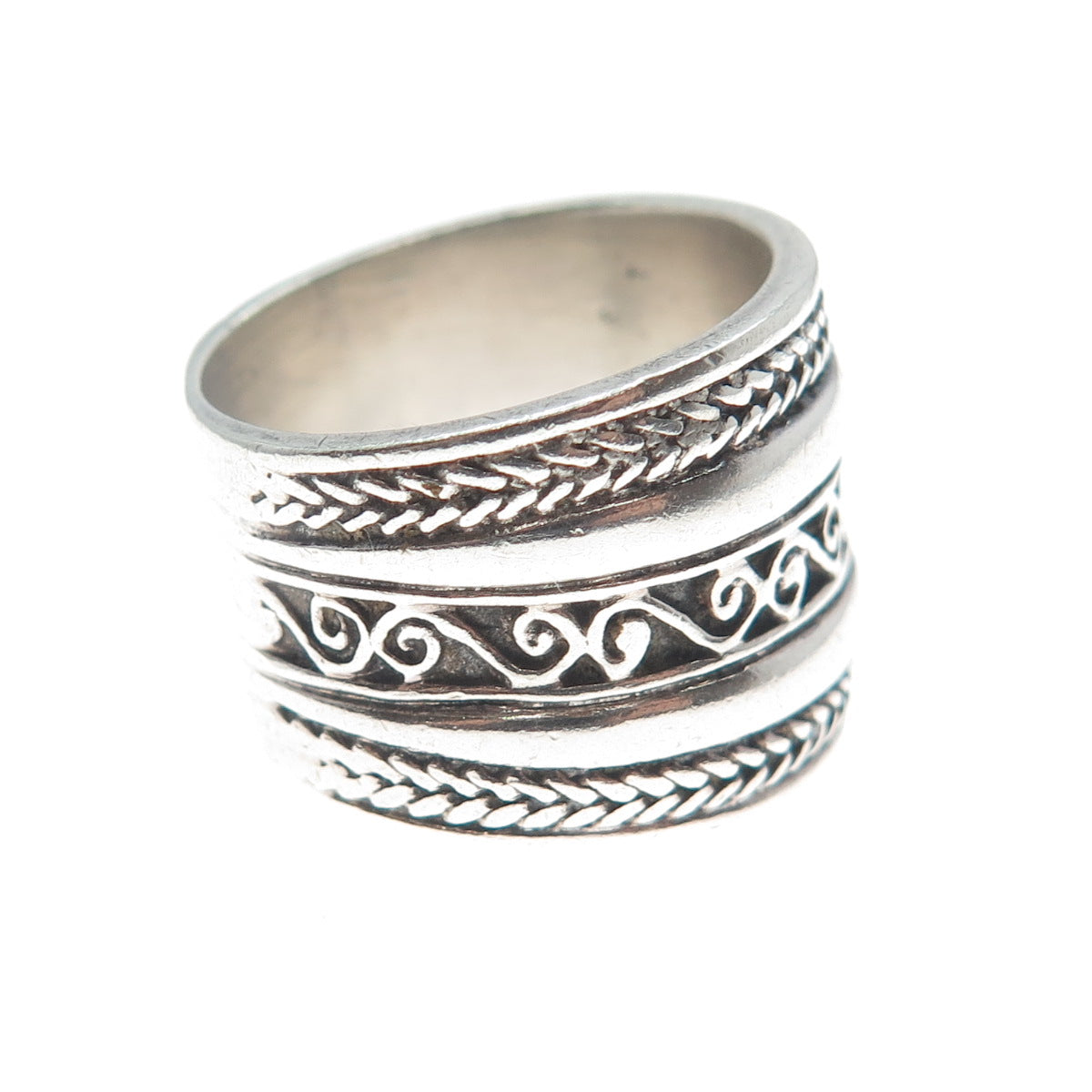 925 Sterling Silver Vintage Wheat Braided Swirl Wide Band Ring Size 7.5
