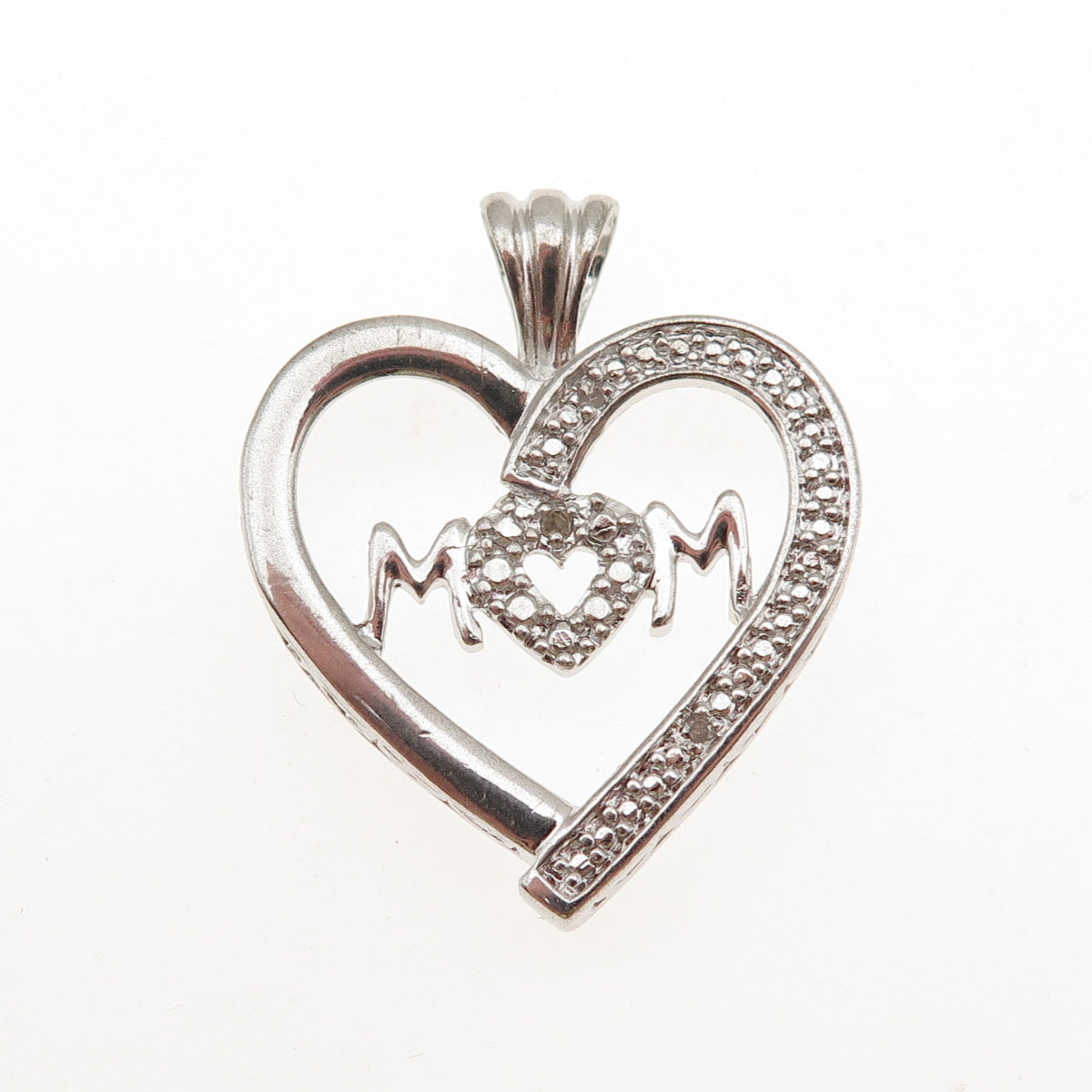 925 Sterling Silver Real Round-Cut Diamond Mom Heart Charm Pendant