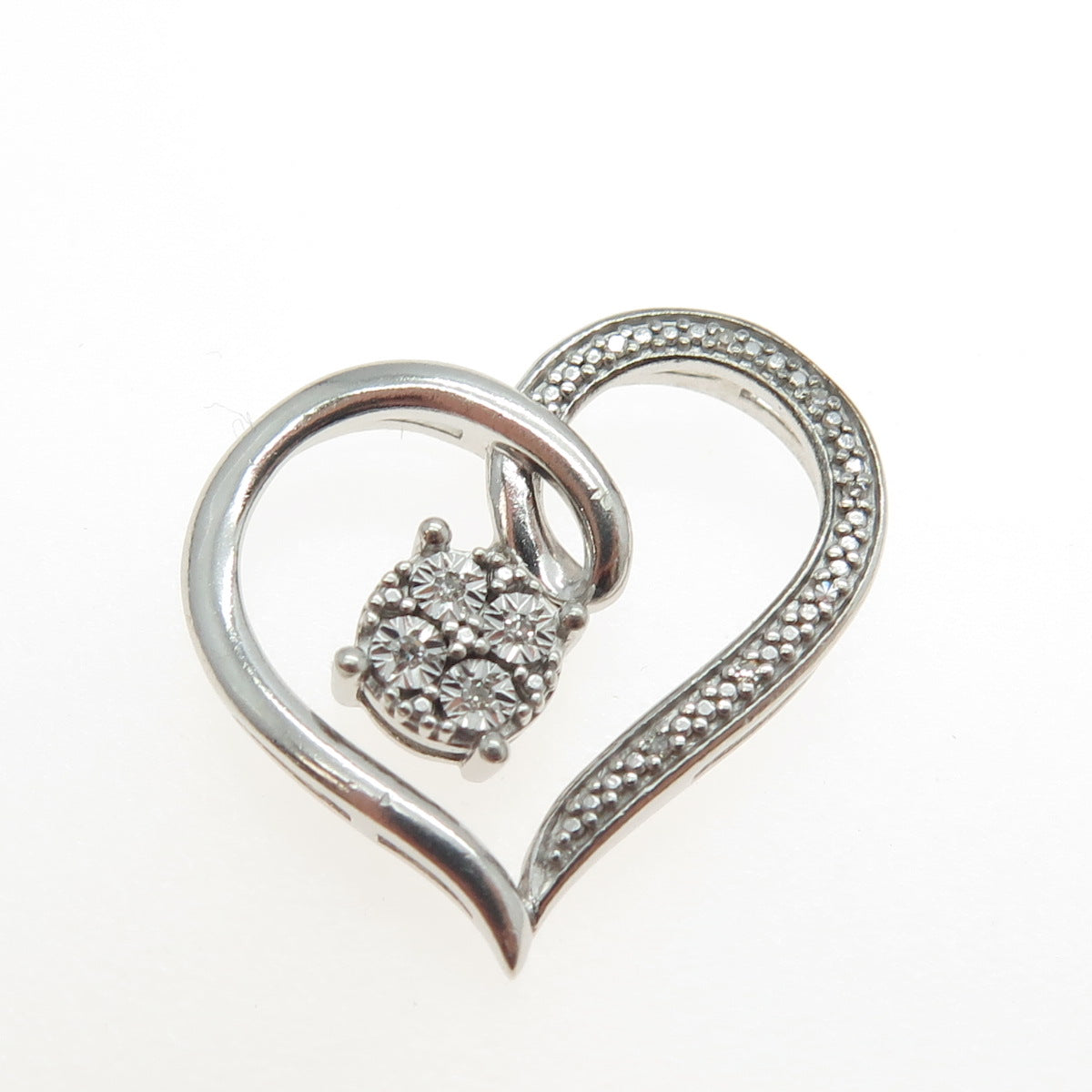 925 Sterling Silver Real Round-Cut White Diamond Heart Slide Pendant