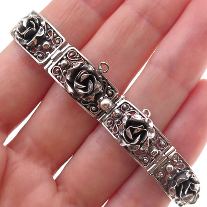 Peruzzi 800 Silver Antique Art Deco Italy Rose Floral Oxidized Bracelet 7"