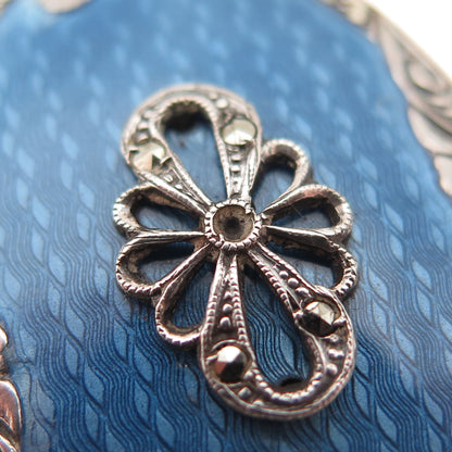 925 Sterling Silver Antique Enamel Marcasite Locket Necklace 30" (missing stone)