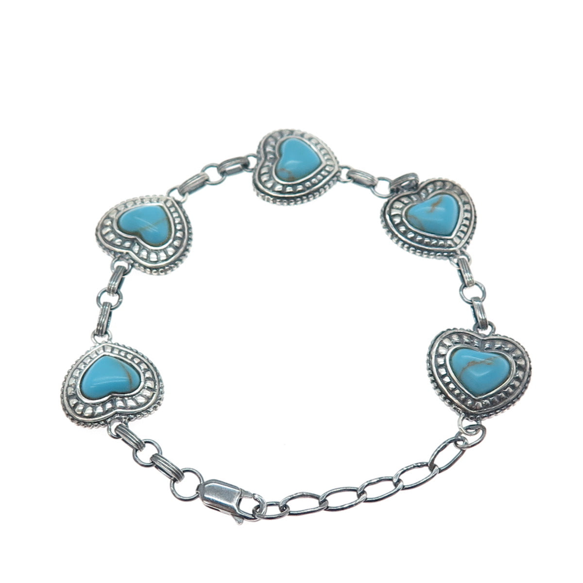 LENOX 925 Sterling Silver Vintage Real Turquoise Heart Link Oxidized Bracelet 8"