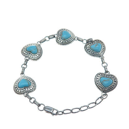 LENOX 925 Sterling Silver Vintage Real Turquoise Heart Link Oxidized Bracelet 8"