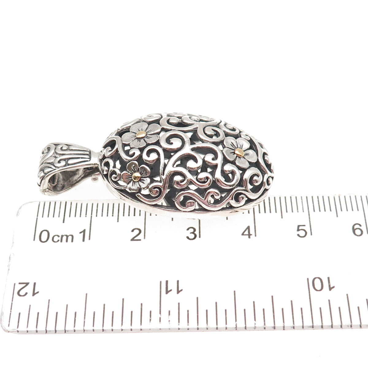 925 Sterling Silver 18K Gold Vintage Floral Ornate Oxidized Charm Pendant
