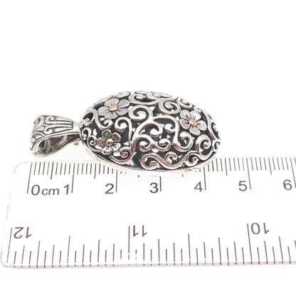 925 Sterling Silver 18K Gold Vintage Floral Ornate Oxidized Charm Pendant