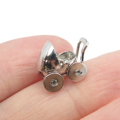 925 Sterling Silver Vintage Baby Carriage Minimalist 3D Charm Pendant