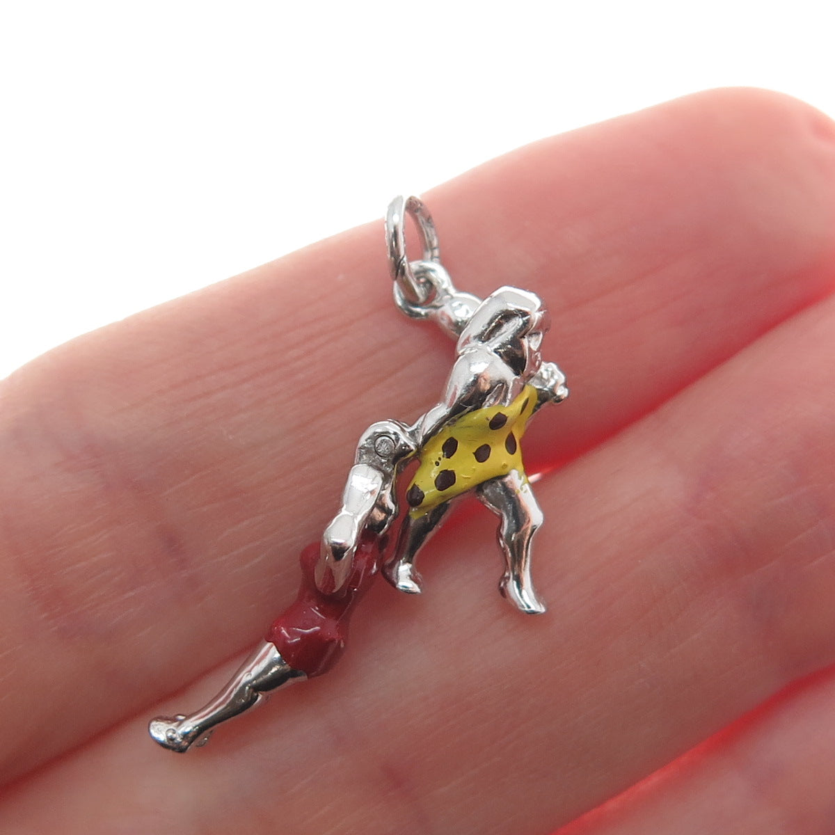 WELLS 925 Sterling Silver Vintage Enamel Tarzan & Jane Minimalist Charm Pendant