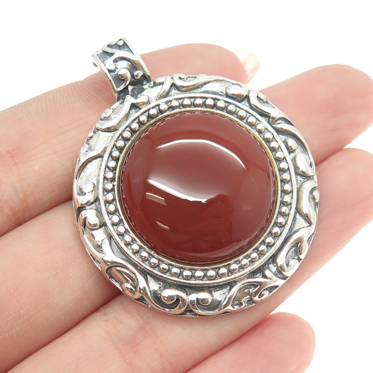 925 Sterling Silver Vintage Real Carnelian Gemstone Ornate Pendant