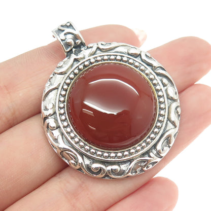 925 Sterling Silver Vintage Real Carnelian Gemstone Ornate Pendant