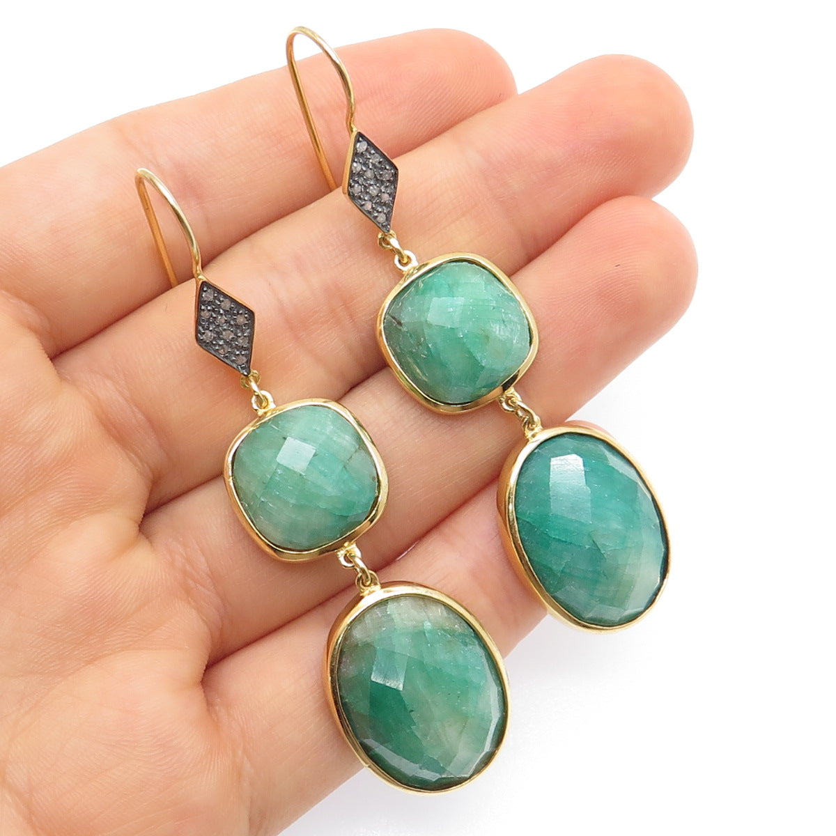 925 Sterling Silver Gold Plated Real Diamond & Emerald Dangle Earrings