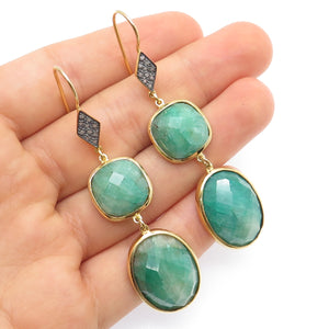 925 Sterling Silver Gold Plated Real Diamond & Emerald Dangle Earrings