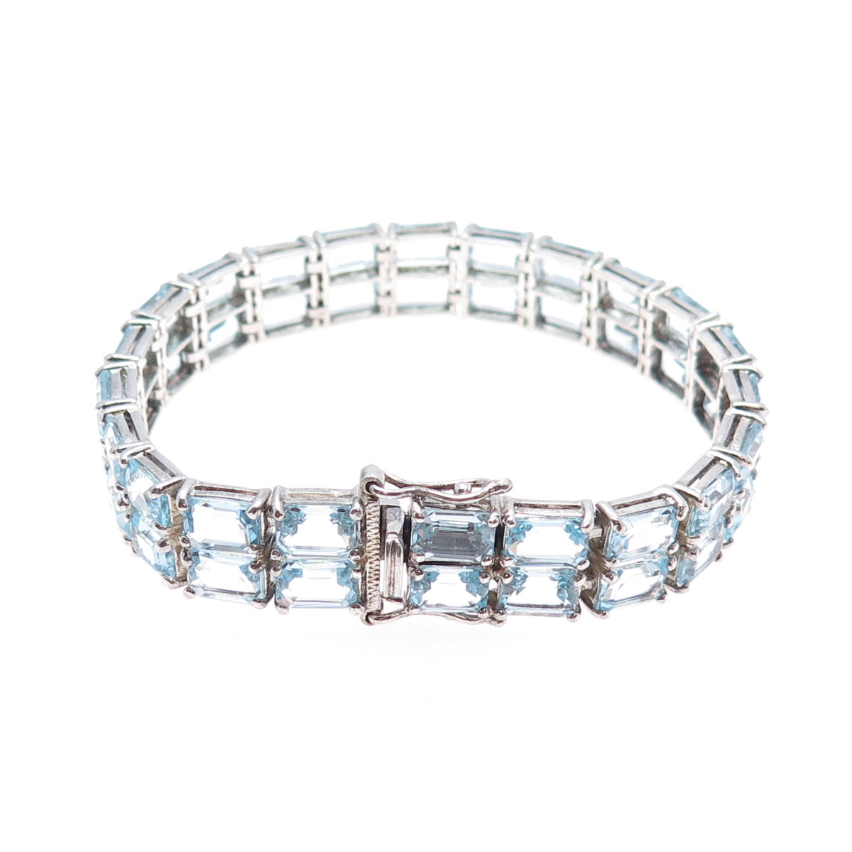 925 Sterling Silver Vintage Real Emerald-Cut Blue Topaz Bracelet 6.75"
