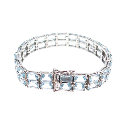 925 Sterling Silver Vintage Real Emerald-Cut Blue Topaz Bracelet 6.75"