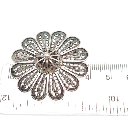 925 Sterling Silver Vintage Israel Floral Filigree Oxidized Handmade Pin Brooch