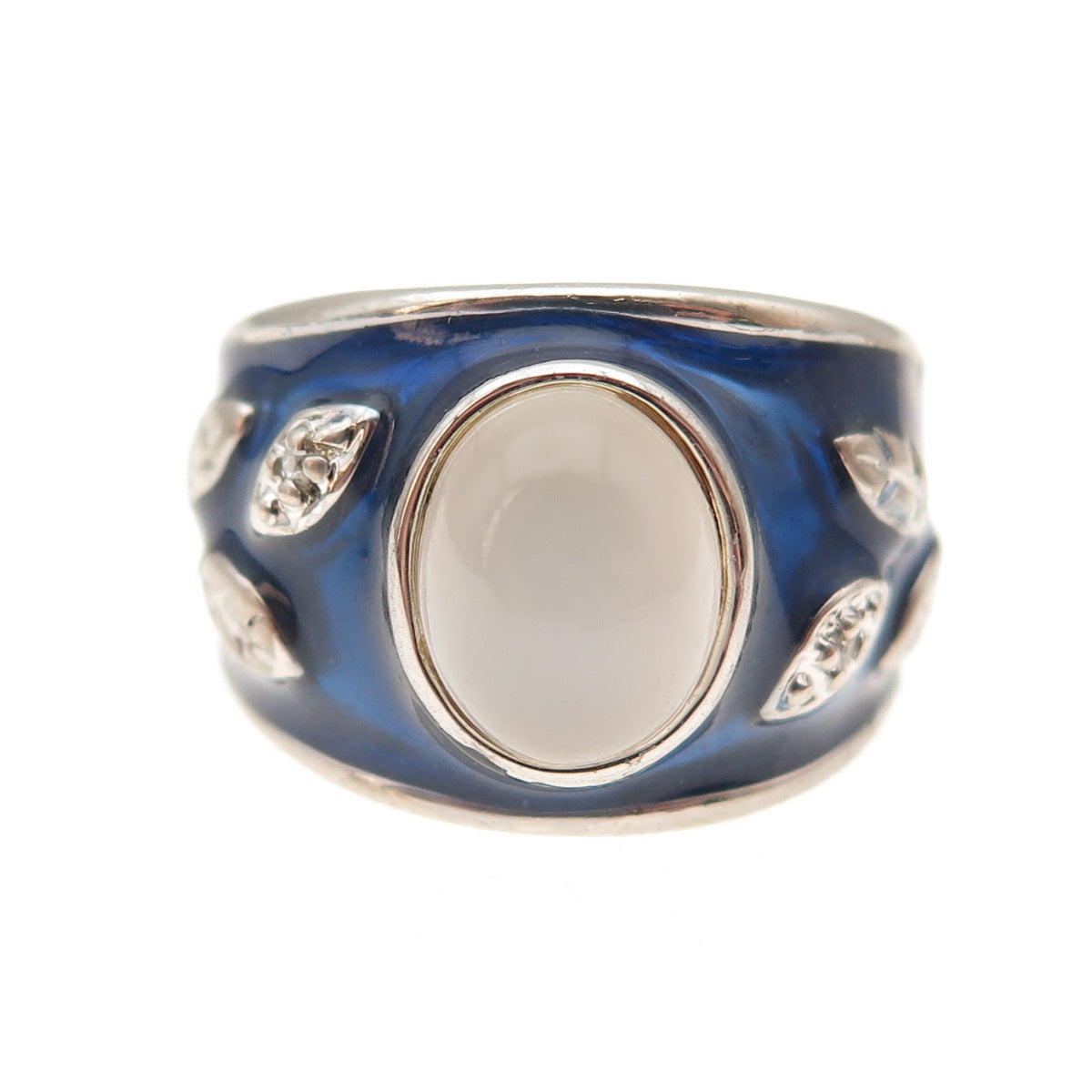 Ross Simons Sterling Silver Vintage Enamel Real Diamond & Moonstone Ring Size 5