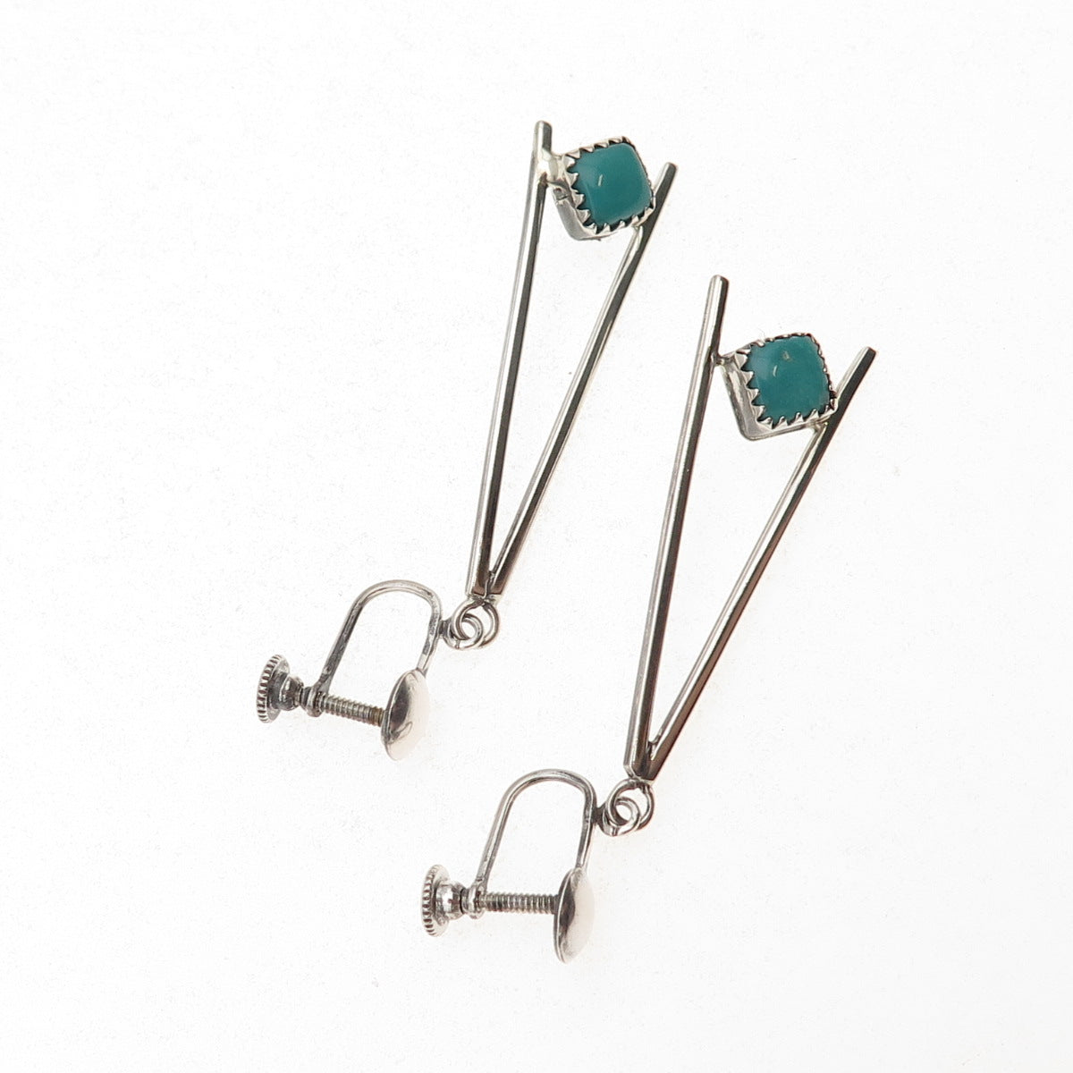 Old Pawn 925 Sterling Silver Vintage Turquoise Tribal Screw Back Dangle Earrings