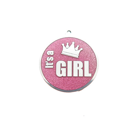 925 Sterling Silver Pink Enamel It's a Girl Crown Round Minimalist Charm Pendant