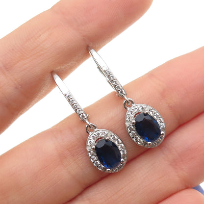 925 Sterling Silver Blue & White C Z Dangle Earrings