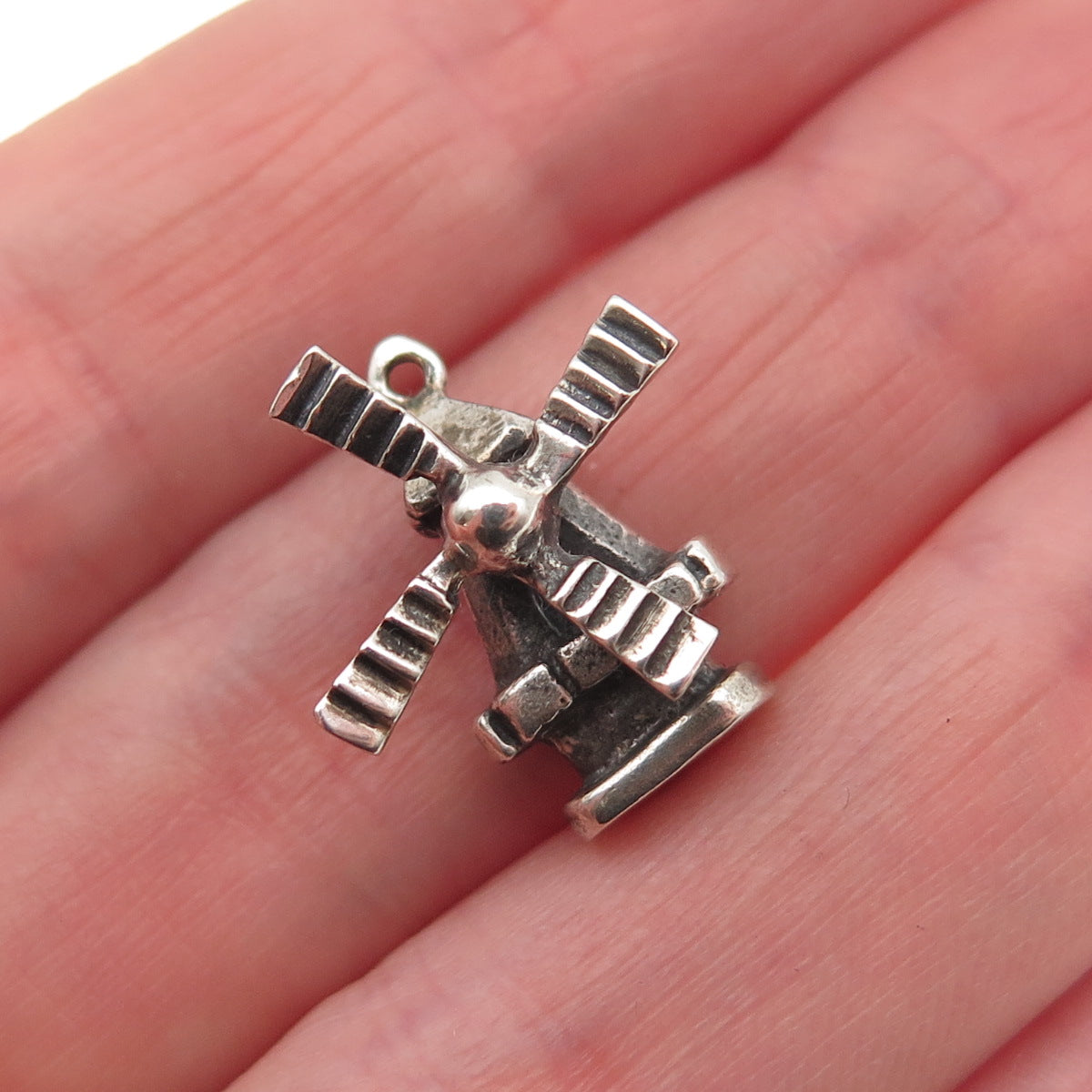 835 Silver Vintage Windmill Oxidized 3D Mini Articulated Charm Pendant