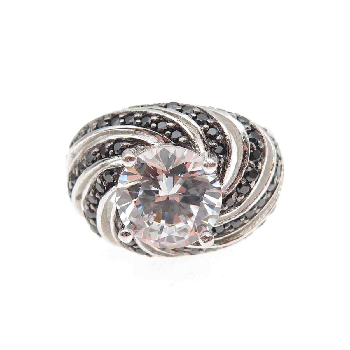 925 Sterling Silver Real Round-Cut Black Spinel & C Z Ring Size 7