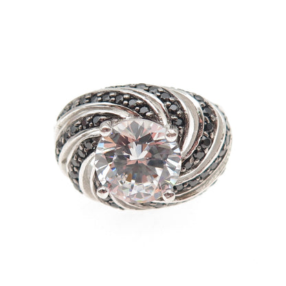 925 Sterling Silver Real Round-Cut Black Spinel & C Z Ring Size 7