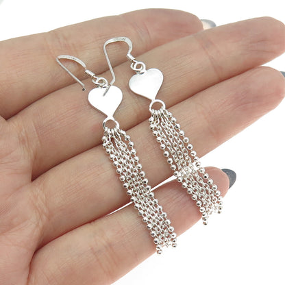 925 Sterling Silver Heart Tassel Drop Chain Earrings