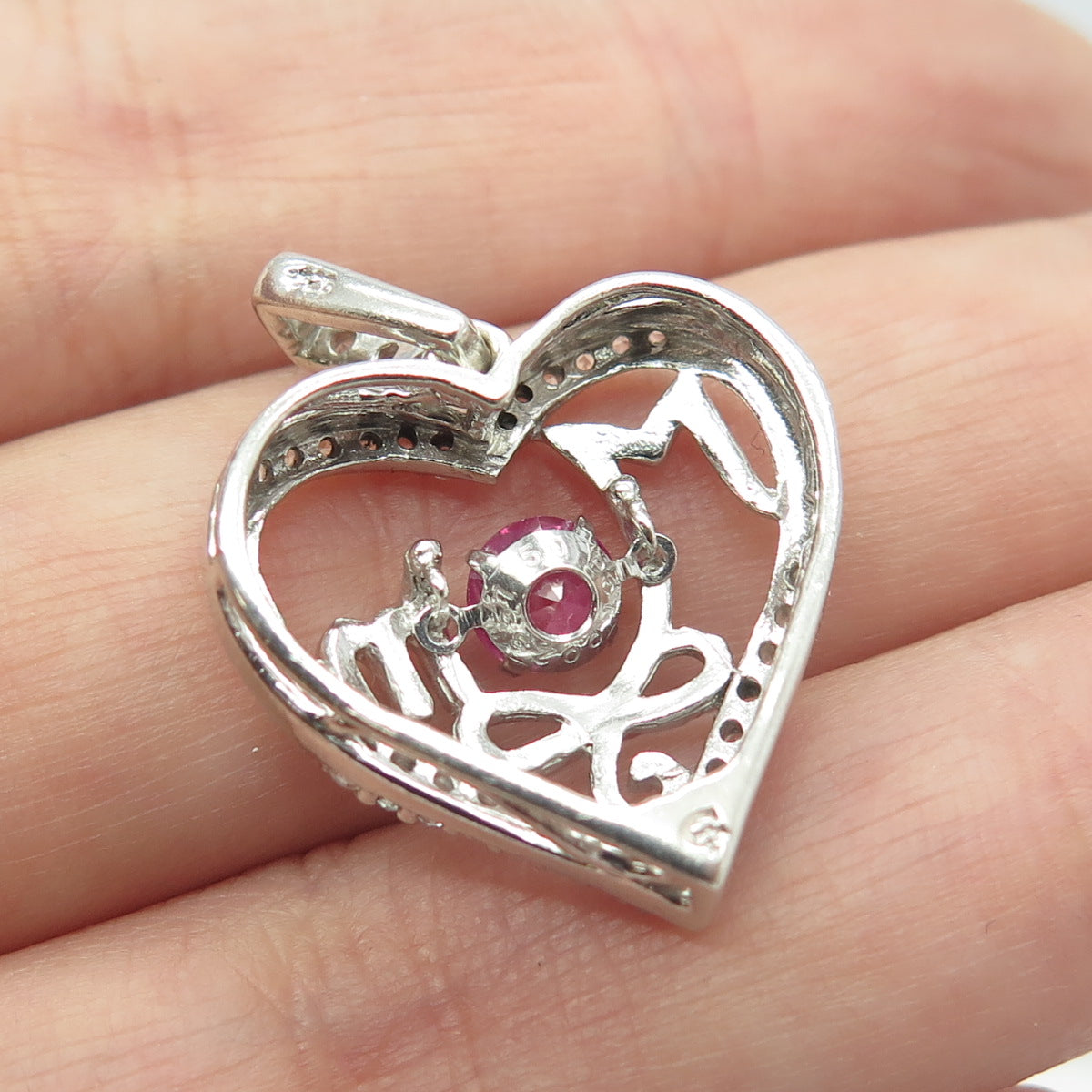 925 Sterling Silver Lab-Created Pink Sapphire & White Topaz "MOM" Heart Pendant