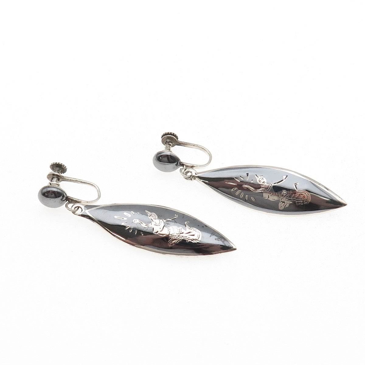 925 Sterling Silver Antique Art Deco Niello Hindu Goddess Screw Back Earrings