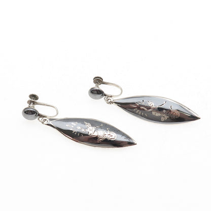 925 Sterling Silver Antique Art Deco Niello Hindu Goddess Screw Back Earrings