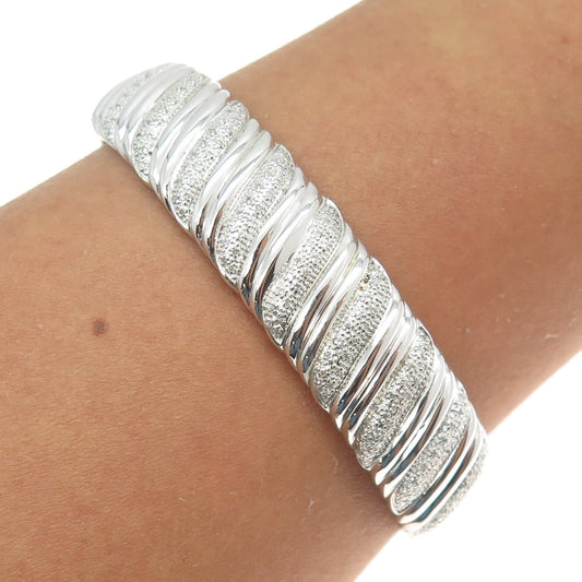 925 Sterling Silver Real Round-Cut Diamond Wavy Cuff Bracelet 7.25"