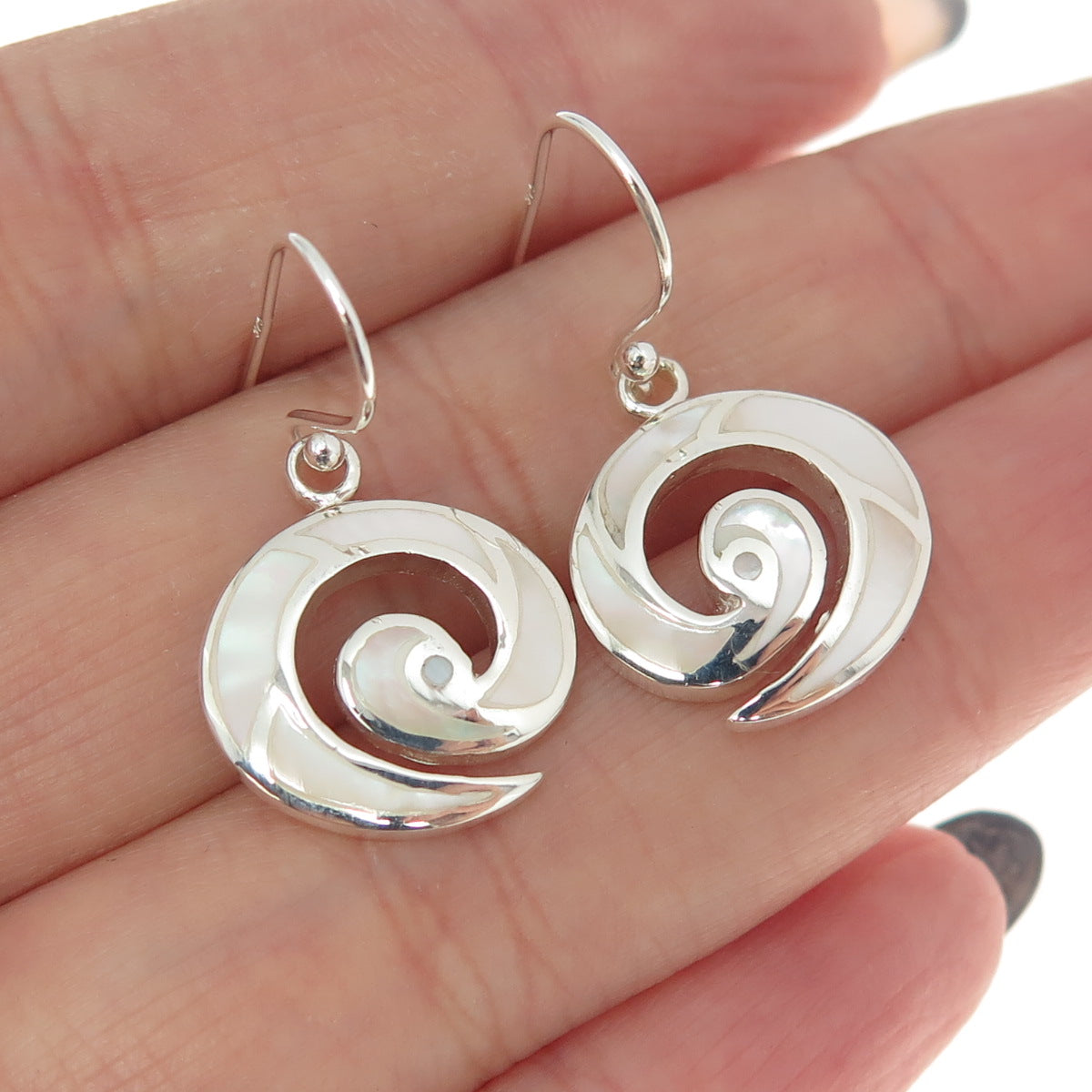 925 Sterling Silver Real Mother-of-Pearl Spiral Dangling Earrings