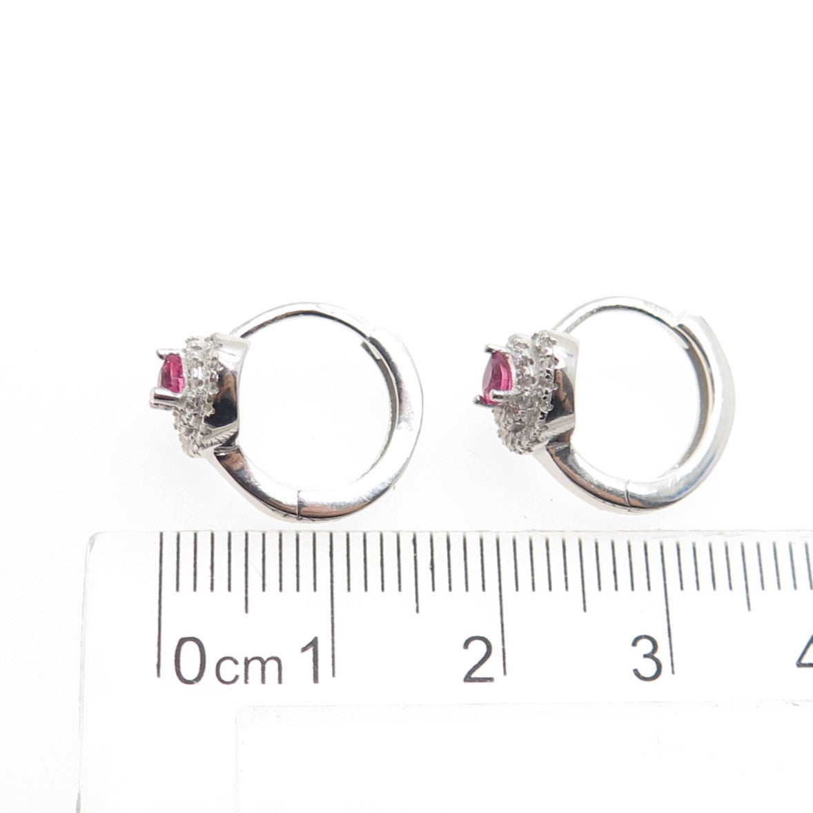 925 Sterling Silver Pink Heart-Cut & White Round-Cut Shaped C Z Hoop Earrings