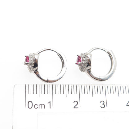 925 Sterling Silver Pink Heart-Cut & White Round-Cut Shaped C Z Hoop Earrings