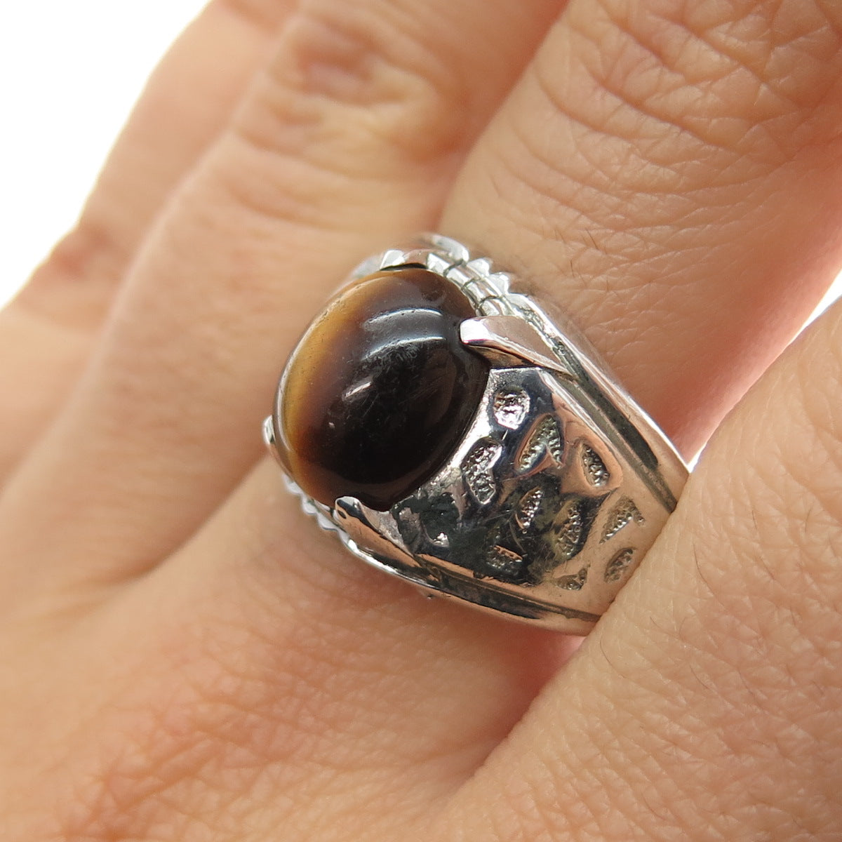 CLARK & COOMBS Sterling Silver Antique Art Deco Real Tiger Eye Ring Size 10.75