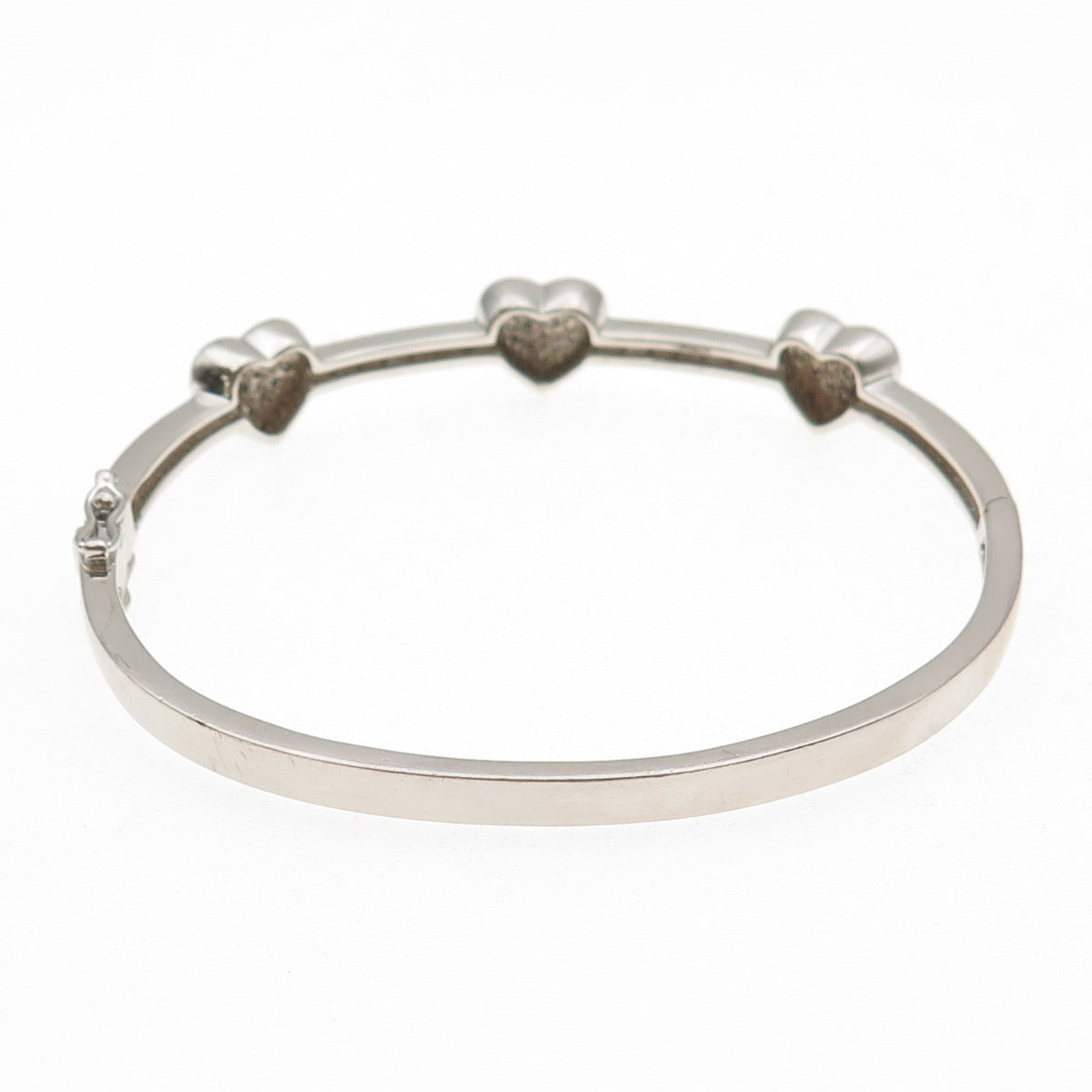 925 Sterling Silver Real Round-Cut Diamond Heart Station Bangle Bracelet 7"