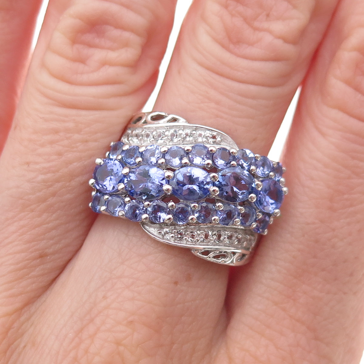 Chuck Clemency 925 Sterling Silver Real Tanzanite & White Topaz Ring Size 8.25