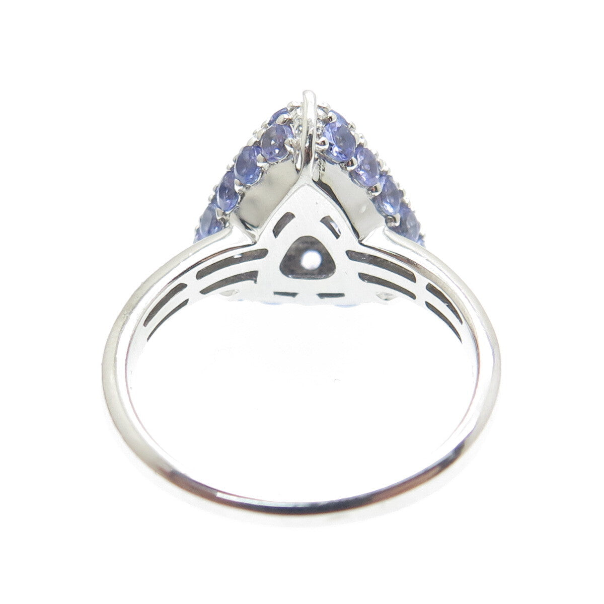 DSMK 925 Sterling Silver Real Round-Cut Tanzanite Triangle Ring Size 7.25