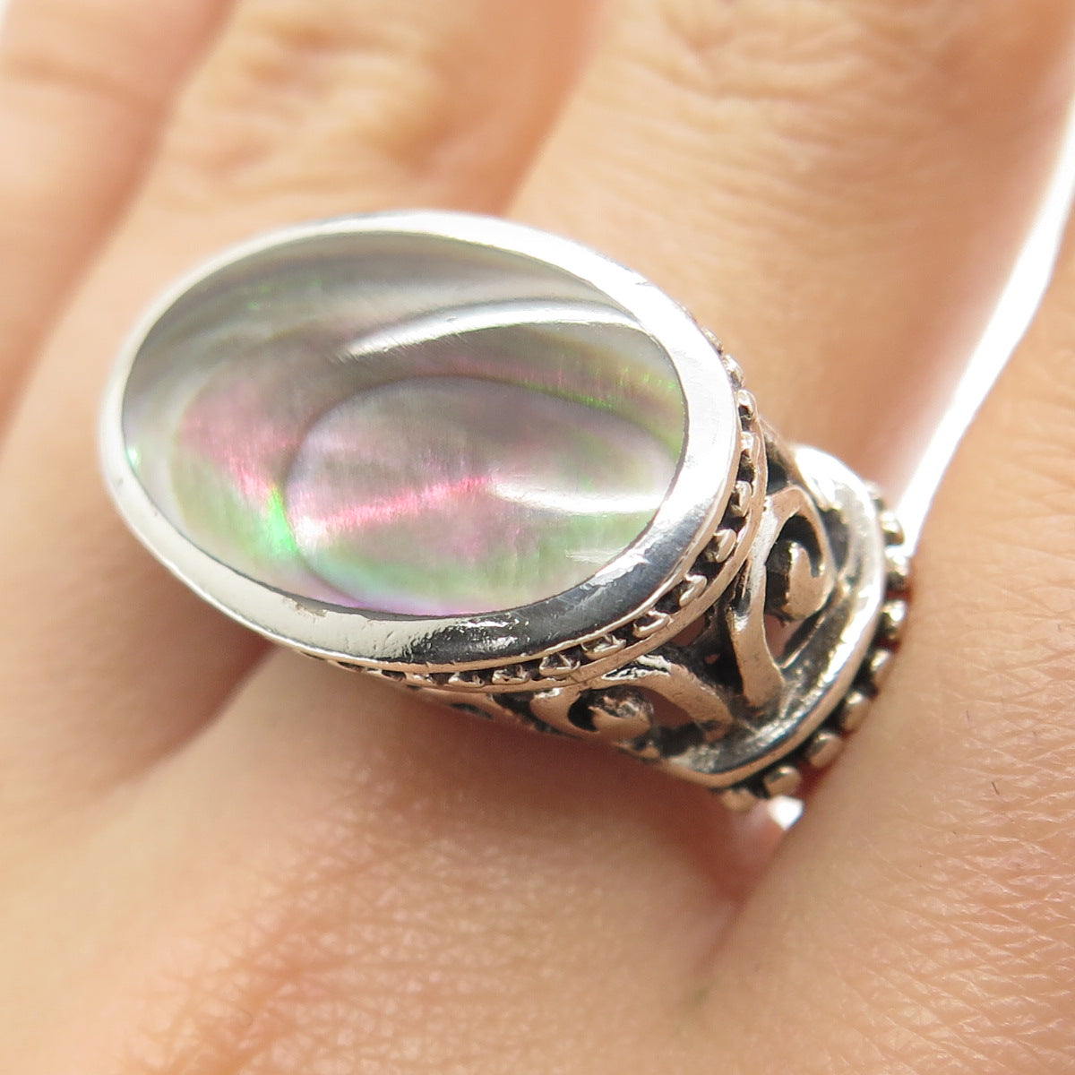 925 Sterling Silver Vintage Real Abalone Shell Swirl Ring Size 10.5