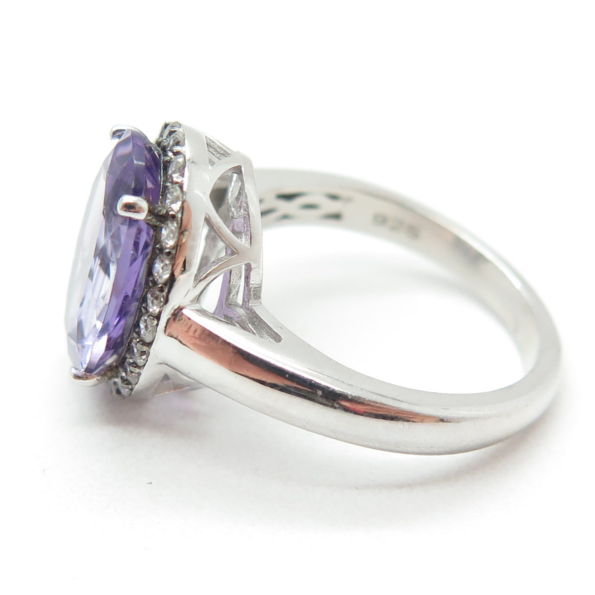 925 Sterling Silver Real Oval-Cut Amethyst & White Topaz Ring Size 8.25