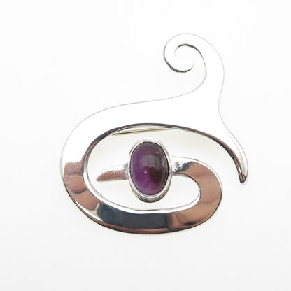 925 Sterling Silver Vintage Mexico Real Amethyst Modernist Spiral Pin Brooch