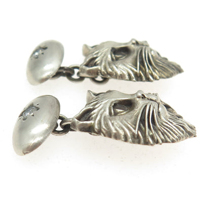 925 Sterling Silver Vintage Real Round-Cut Diamond Persian Cat Cufflinks